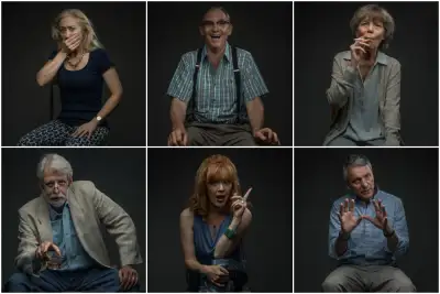 | Image | Left side: Woman with hand to chin, Middle: Man laughing in blue striped shirt, Right side: Lady making the finger sign, Fourth one from left : Older man sitting down with his hands clasped together, Fifth person from left : Man and woman both clapping their hands. |